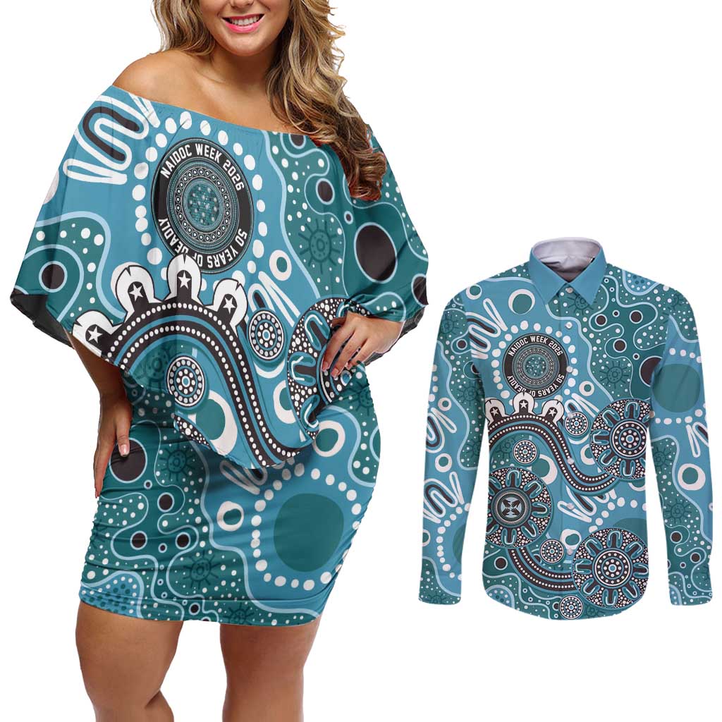 Personalised NAIDOC Week 50 Years Deadly Always Couples Matching Off Shoulder Short Dress and Long Sleeve Button Shirt Teal Aboriginal Artwork Dot Painting