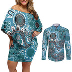 Personalised NAIDOC Week 50 Years Deadly Always Couples Matching Off Shoulder Short Dress and Long Sleeve Button Shirt Teal Aboriginal Artwork Dot Painting