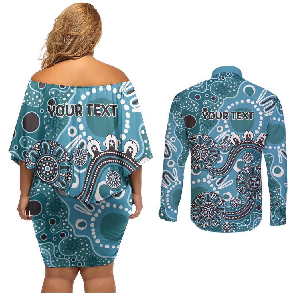 Personalised NAIDOC Week 50 Years Deadly Always Couples Matching Off Shoulder Short Dress and Long Sleeve Button Shirt Teal Aboriginal Artwork Dot Painting