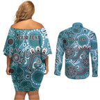 Personalised NAIDOC Week 50 Years Deadly Always Couples Matching Off Shoulder Short Dress and Long Sleeve Button Shirt Teal Aboriginal Artwork Dot Painting
