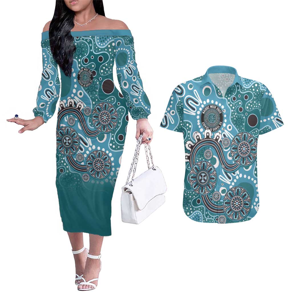 Personalised NAIDOC Week 50 Years Deadly Always Couples Matching Off The Shoulder Long Sleeve Dress and Hawaiian Shirt Teal Aboriginal Artwork Dot Painting