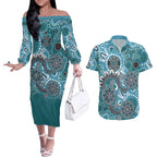 Personalised NAIDOC Week 50 Years Deadly Always Couples Matching Off The Shoulder Long Sleeve Dress and Hawaiian Shirt Teal Aboriginal Artwork Dot Painting