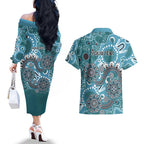Personalised NAIDOC Week 50 Years Deadly Always Couples Matching Off The Shoulder Long Sleeve Dress and Hawaiian Shirt Teal Aboriginal Artwork Dot Painting