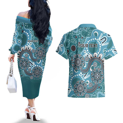 Personalised NAIDOC Week 50 Years Deadly Always Couples Matching Off The Shoulder Long Sleeve Dress and Hawaiian Shirt Teal Aboriginal Artwork Dot Painting