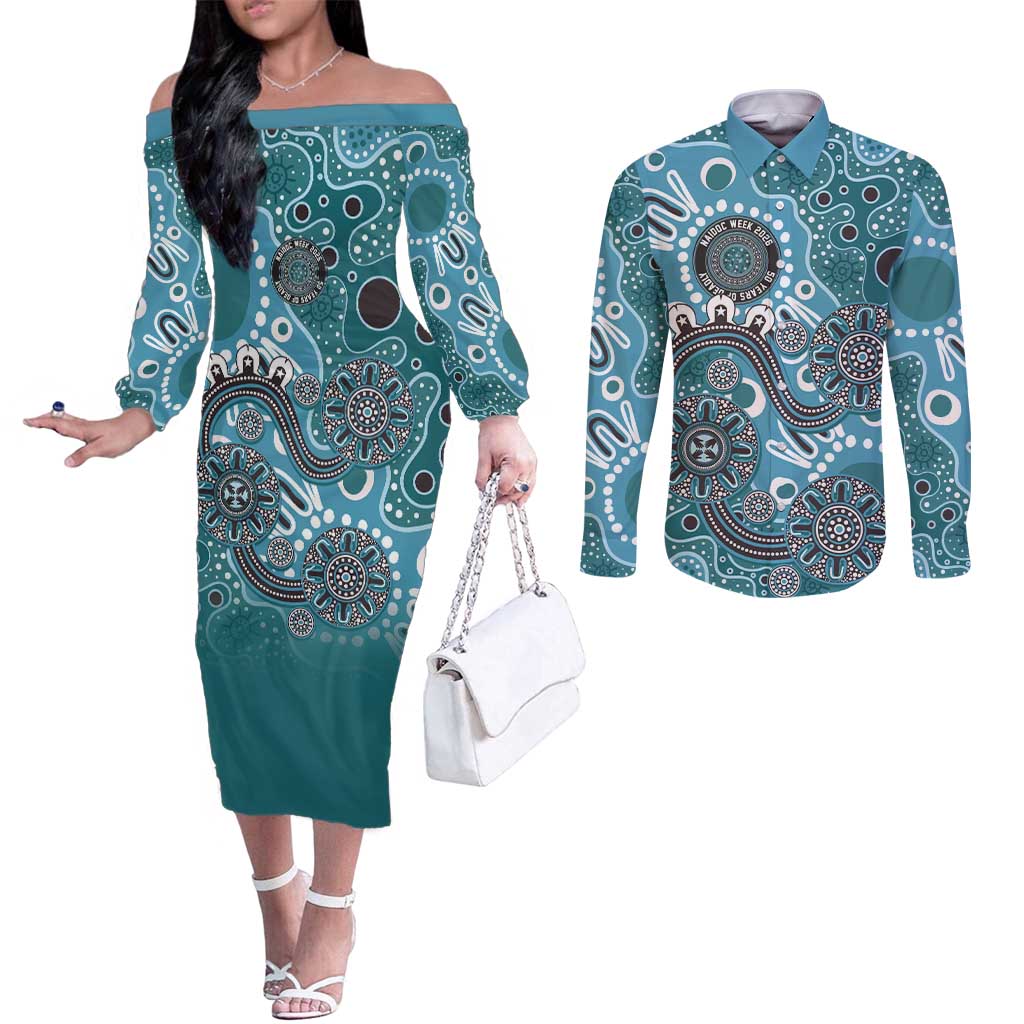 Personalised NAIDOC Week 50 Years Deadly Always Couples Matching Off The Shoulder Long Sleeve Dress and Long Sleeve Button Shirt Teal Aboriginal Artwork Dot Painting