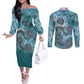 Personalised NAIDOC Week 50 Years Deadly Always Couples Matching Off The Shoulder Long Sleeve Dress and Long Sleeve Button Shirt Teal Aboriginal Artwork Dot Painting