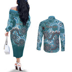 Personalised NAIDOC Week 50 Years Deadly Always Couples Matching Off The Shoulder Long Sleeve Dress and Long Sleeve Button Shirt Teal Aboriginal Artwork Dot Painting