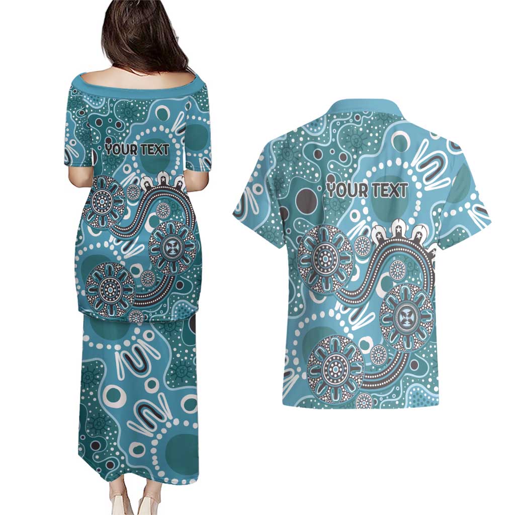 Personalised NAIDOC Week 50 Years Deadly Always Couples Matching Puletasi and Hawaiian Shirt Teal Aboriginal Artwork Dot Painting