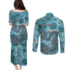 Personalised NAIDOC Week 50 Years Deadly Always Couples Matching Puletasi and Long Sleeve Button Shirt Teal Aboriginal Artwork Dot Painting