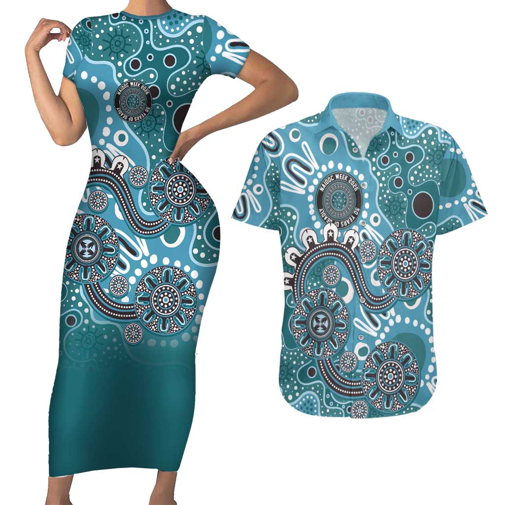 Personalised NAIDOC Week 50 Years Deadly Always Couples Matching Short Sleeve Bodycon Dress and Hawaiian Shirt Teal Aboriginal Artwork Dot Painting