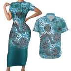 Personalised NAIDOC Week 50 Years Deadly Always Couples Matching Short Sleeve Bodycon Dress and Hawaiian Shirt Teal Aboriginal Artwork Dot Painting