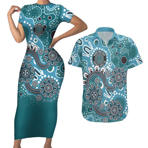 Personalised NAIDOC Week 50 Years Deadly Always Couples Matching Short Sleeve Bodycon Dress and Hawaiian Shirt Teal Aboriginal Artwork Dot Painting