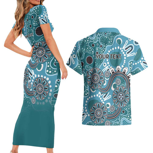Personalised NAIDOC Week 50 Years Deadly Always Couples Matching Short Sleeve Bodycon Dress and Hawaiian Shirt Teal Aboriginal Artwork Dot Painting