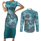 Personalised NAIDOC Week 50 Years Deadly Always Couples Matching Short Sleeve Bodycon Dress and Long Sleeve Button Shirt Teal Aboriginal Artwork Dot Painting