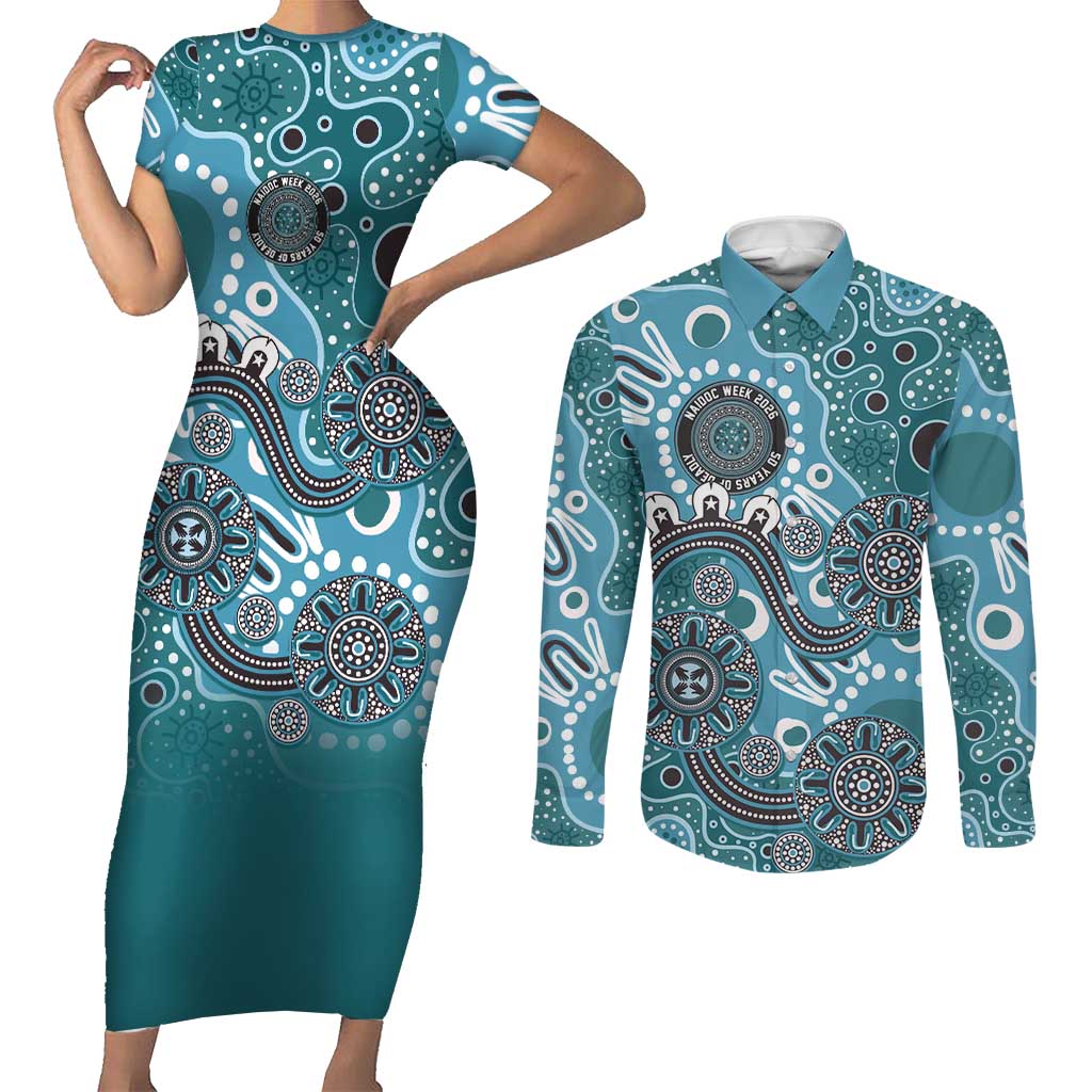 Personalised NAIDOC Week 50 Years Deadly Always Couples Matching Short Sleeve Bodycon Dress and Long Sleeve Button Shirt Teal Aboriginal Artwork Dot Painting