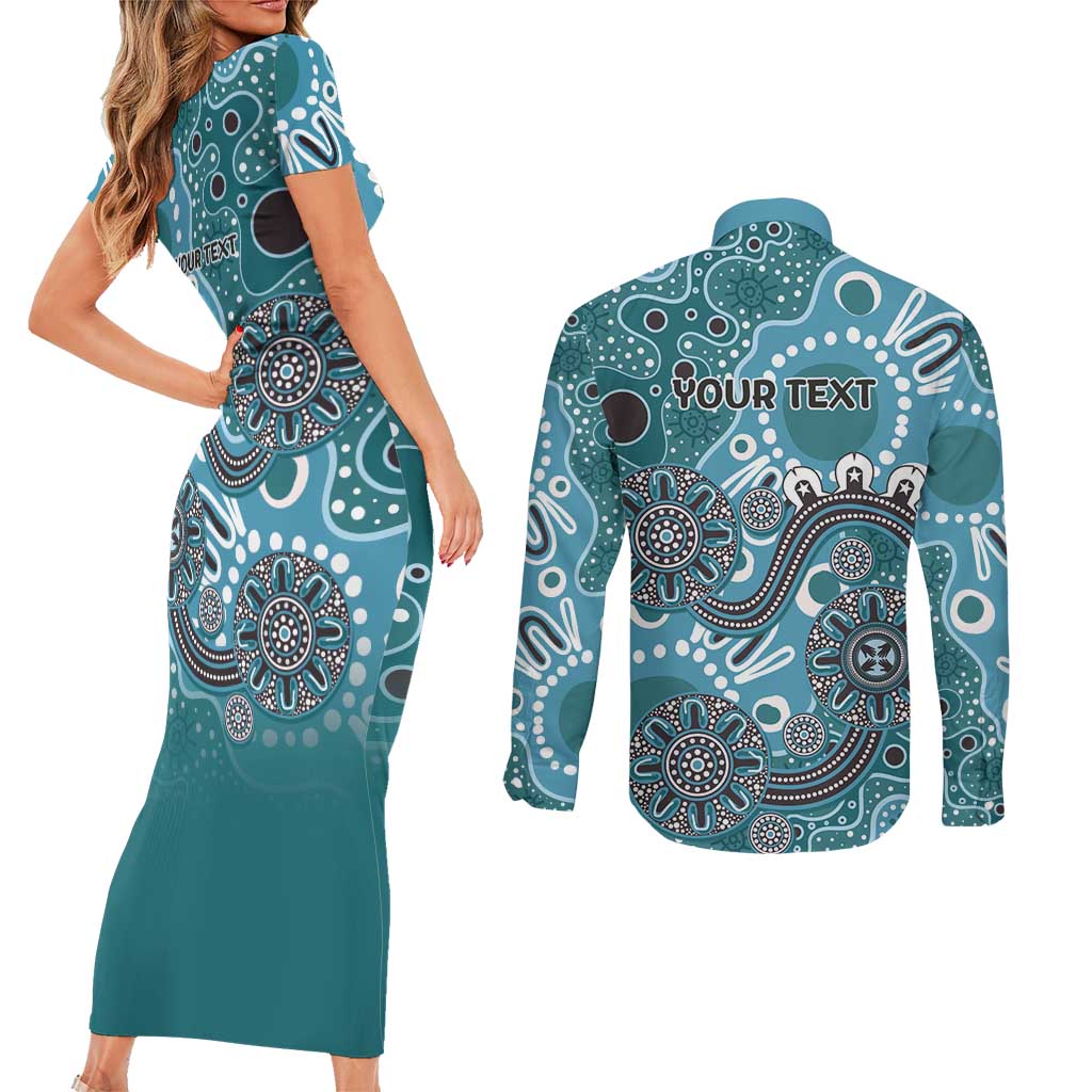 Personalised NAIDOC Week 50 Years Deadly Always Couples Matching Short Sleeve Bodycon Dress and Long Sleeve Button Shirt Teal Aboriginal Artwork Dot Painting