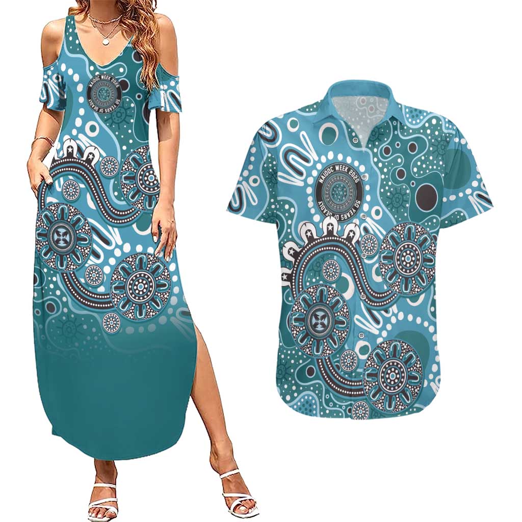 Personalised NAIDOC Week 50 Years Deadly Always Couples Matching Summer Maxi Dress and Hawaiian Shirt Teal Aboriginal Artwork Dot Painting