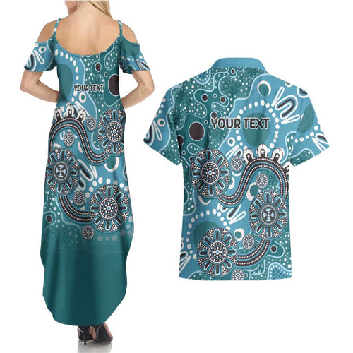 Personalised NAIDOC Week 50 Years Deadly Always Couples Matching Summer Maxi Dress and Hawaiian Shirt Teal Aboriginal Artwork Dot Painting