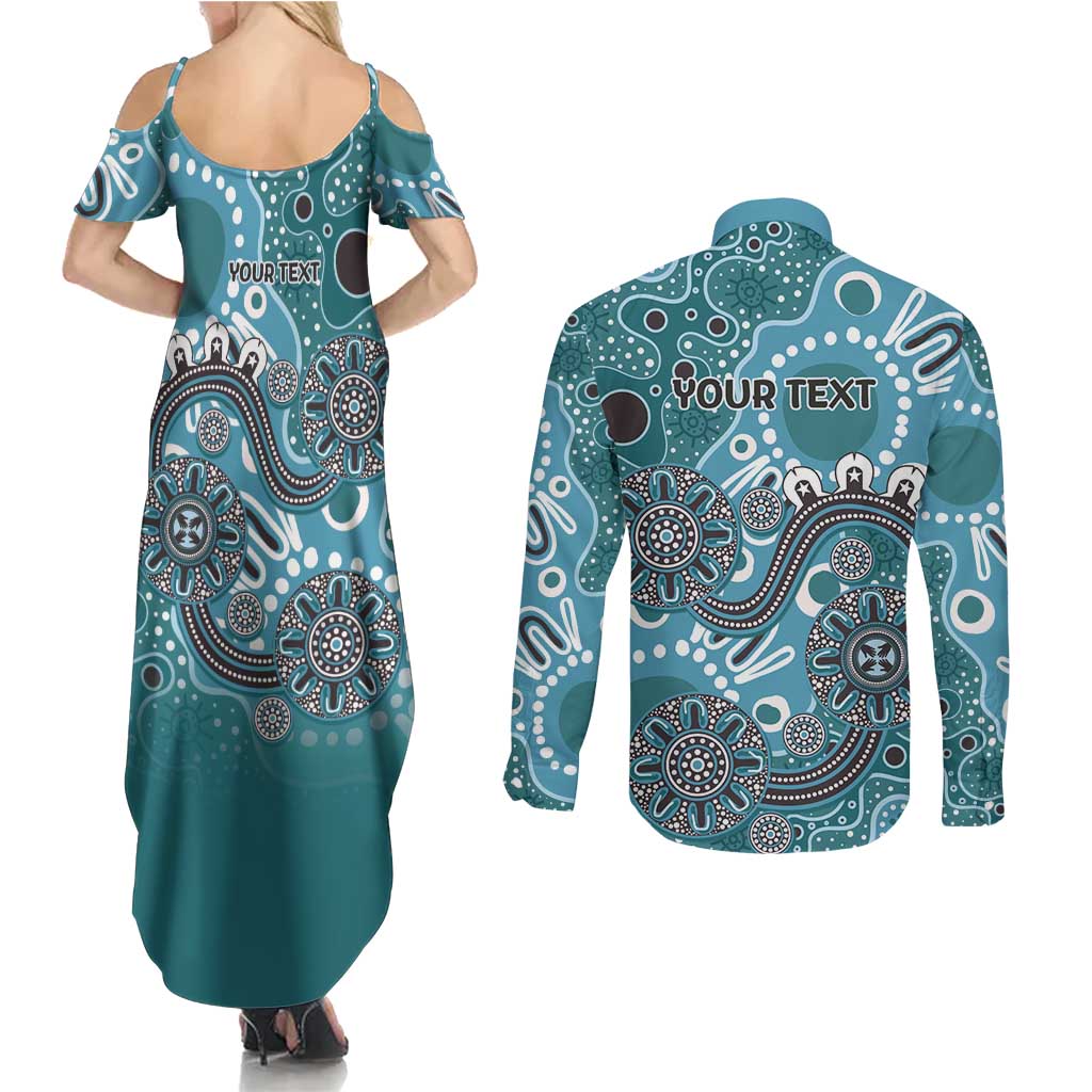 Personalised NAIDOC Week 50 Years Deadly Always Couples Matching Summer Maxi Dress and Long Sleeve Button Shirt Teal Aboriginal Artwork Dot Painting
