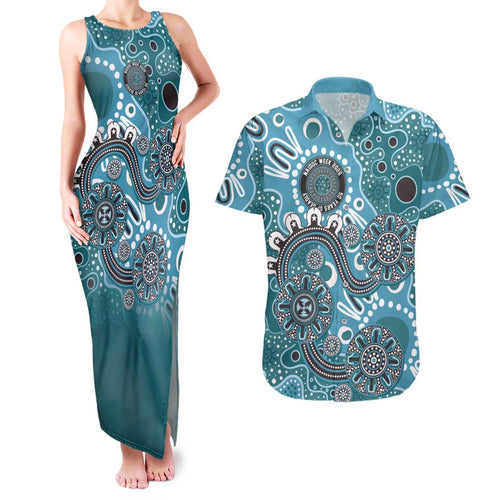 Personalised NAIDOC Week 50 Years Deadly Always Couples Matching Tank Maxi Dress and Hawaiian Shirt Teal Aboriginal Artwork Dot Painting