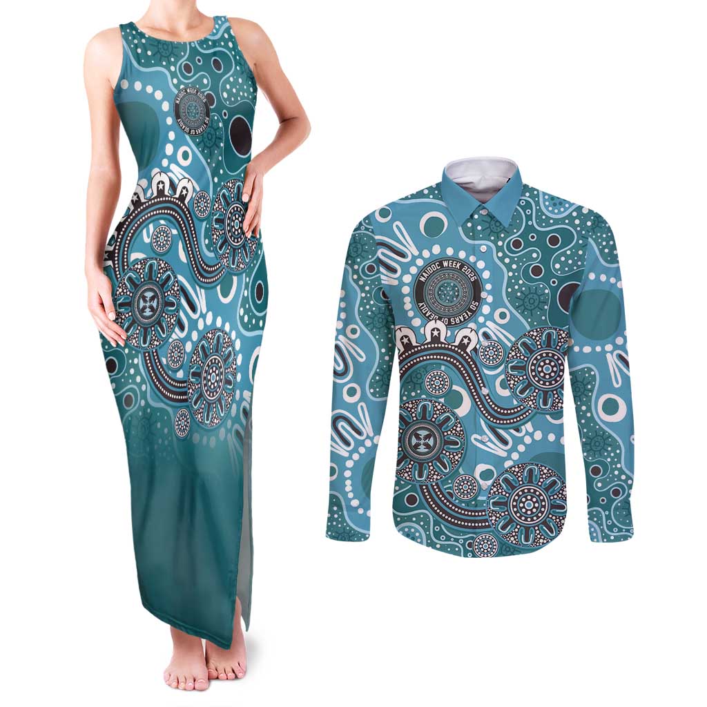 Personalised NAIDOC Week 50 Years Deadly Always Couples Matching Tank Maxi Dress and Long Sleeve Button Shirt Teal Aboriginal Artwork Dot Painting