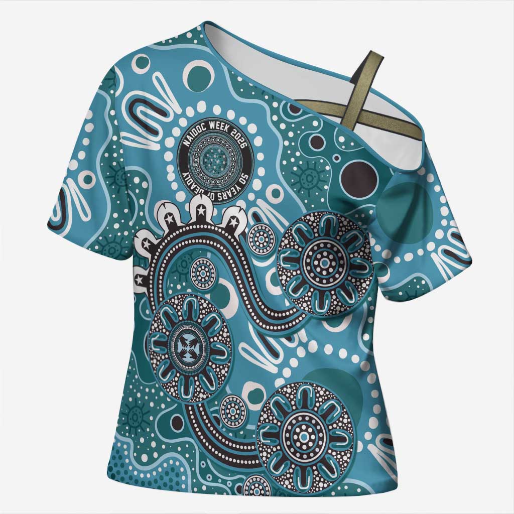 Personalised NAIDOC Week 50 Years Deadly Always Cross Shoulder Shirt Teal Aboriginal Artwork Dot Painting