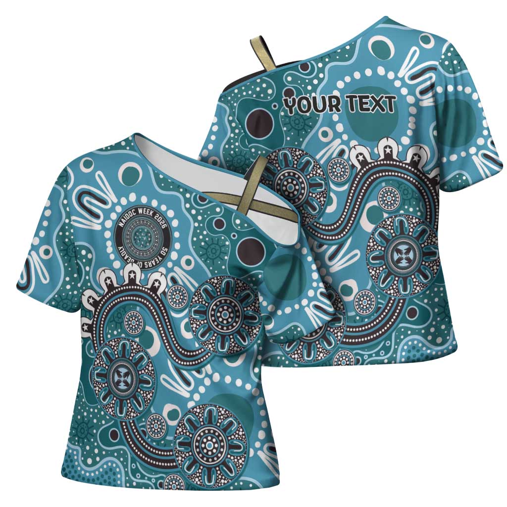 Personalised NAIDOC Week 50 Years Deadly Always Cross Shoulder Shirt Teal Aboriginal Artwork Dot Painting