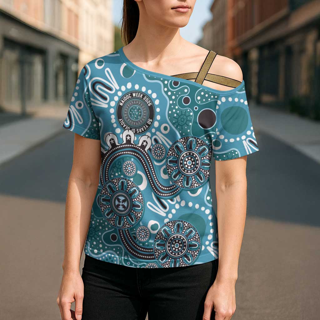 Personalised NAIDOC Week 50 Years Deadly Always Cross Shoulder Shirt Teal Aboriginal Artwork Dot Painting