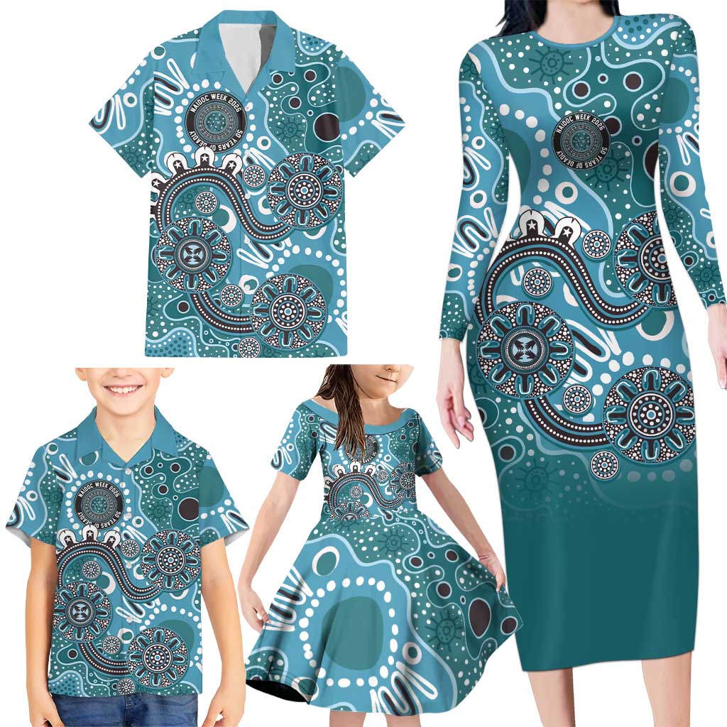 Personalised NAIDOC Week 50 Years Deadly Always Family Matching Long Sleeve Bodycon Dress and Hawaiian Shirt Teal Aboriginal Artwork Dot Painting