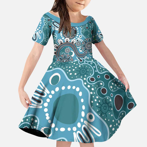 Personalised NAIDOC Week 50 Years Deadly Always Family Matching Long Sleeve Bodycon Dress and Hawaiian Shirt Teal Aboriginal Artwork Dot Painting