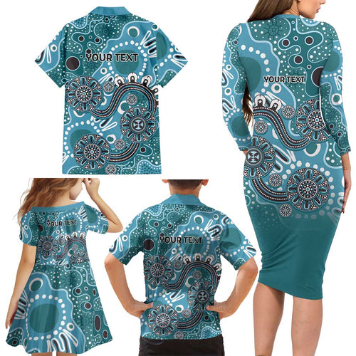 Personalised NAIDOC Week 50 Years Deadly Always Family Matching Long Sleeve Bodycon Dress and Hawaiian Shirt Teal Aboriginal Artwork Dot Painting