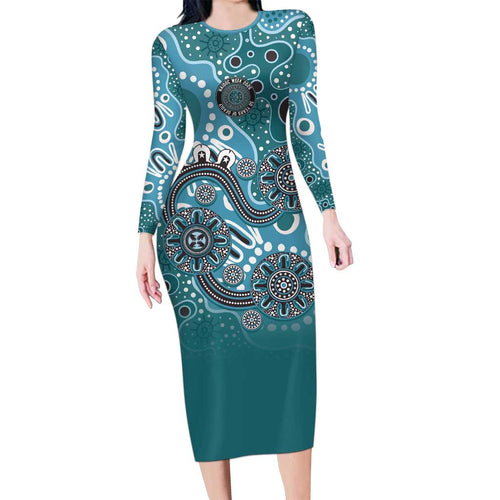 Personalised NAIDOC Week 50 Years Deadly Always Family Matching Long Sleeve Bodycon Dress and Hawaiian Shirt Teal Aboriginal Artwork Dot Painting