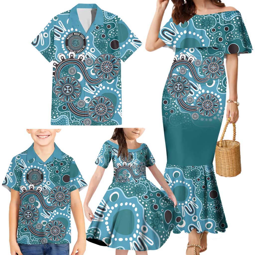 Personalised NAIDOC Week 50 Years Deadly Always Family Matching Mermaid Dress and Hawaiian Shirt Teal Aboriginal Artwork Dot Painting