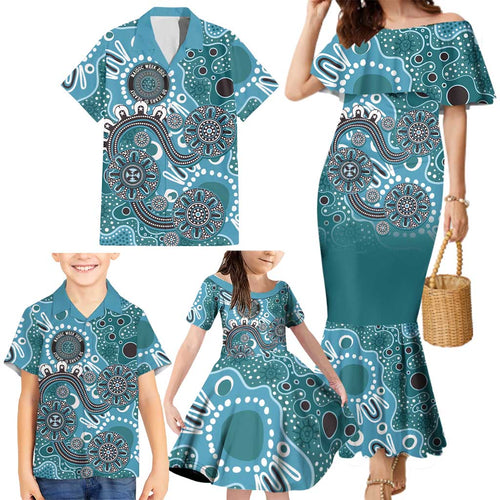Personalised NAIDOC Week 50 Years Deadly Always Family Matching Mermaid Dress and Hawaiian Shirt Teal Aboriginal Artwork Dot Painting