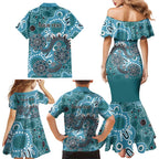 Personalised NAIDOC Week 50 Years Deadly Always Family Matching Mermaid Dress and Hawaiian Shirt Teal Aboriginal Artwork Dot Painting