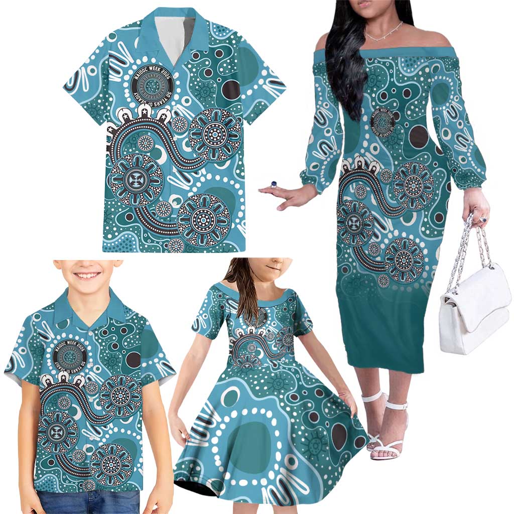 Personalised NAIDOC Week 50 Years Deadly Always Family Matching Off The Shoulder Long Sleeve Dress and Hawaiian Shirt Teal Aboriginal Artwork Dot Painting