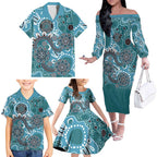 Personalised NAIDOC Week 50 Years Deadly Always Family Matching Off The Shoulder Long Sleeve Dress and Hawaiian Shirt Teal Aboriginal Artwork Dot Painting