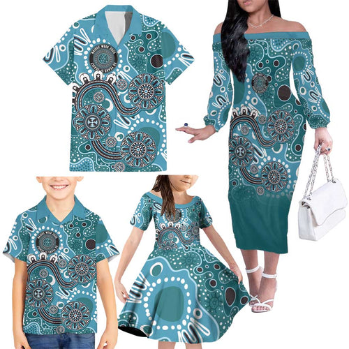 Personalised NAIDOC Week 50 Years Deadly Always Family Matching Off The Shoulder Long Sleeve Dress and Hawaiian Shirt Teal Aboriginal Artwork Dot Painting