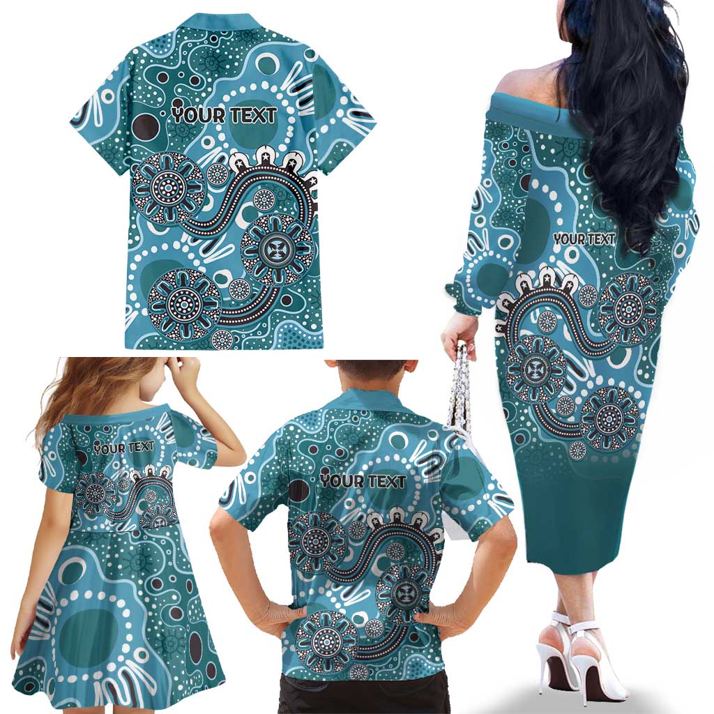Personalised NAIDOC Week 50 Years Deadly Always Family Matching Off The Shoulder Long Sleeve Dress and Hawaiian Shirt Teal Aboriginal Artwork Dot Painting