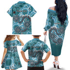 Personalised NAIDOC Week 50 Years Deadly Always Family Matching Off The Shoulder Long Sleeve Dress and Hawaiian Shirt Teal Aboriginal Artwork Dot Painting