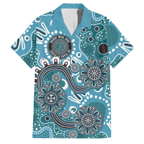 Personalised NAIDOC Week 50 Years Deadly Always Family Matching Off The Shoulder Long Sleeve Dress and Hawaiian Shirt Teal Aboriginal Artwork Dot Painting