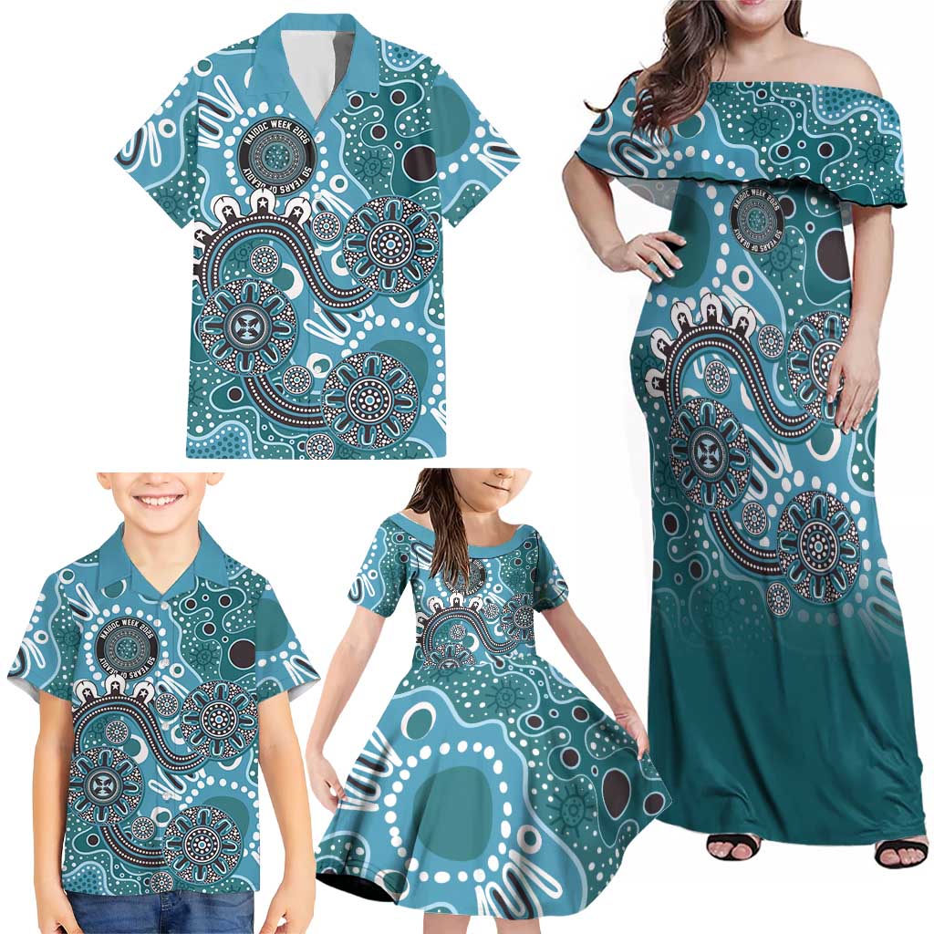 Personalised NAIDOC Week 50 Years Deadly Always Family Matching Off Shoulder Maxi Dress and Hawaiian Shirt Teal Aboriginal Artwork Dot Painting