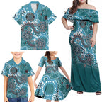 Personalised NAIDOC Week 50 Years Deadly Always Family Matching Off Shoulder Maxi Dress and Hawaiian Shirt Teal Aboriginal Artwork Dot Painting
