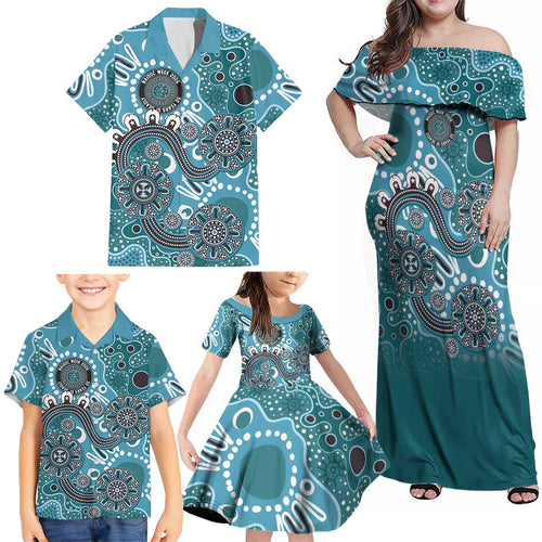 Personalised NAIDOC Week 50 Years Deadly Always Family Matching Off Shoulder Maxi Dress and Hawaiian Shirt Teal Aboriginal Artwork Dot Painting