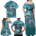 Personalised NAIDOC Week 50 Years Deadly Always Family Matching Off Shoulder Maxi Dress and Hawaiian Shirt Teal Aboriginal Artwork Dot Painting