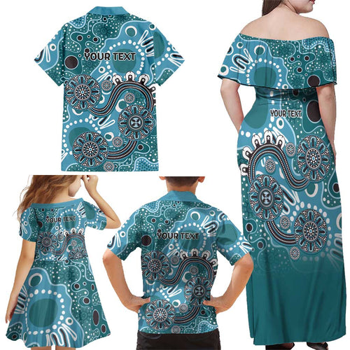 Personalised NAIDOC Week 50 Years Deadly Always Family Matching Off Shoulder Maxi Dress and Hawaiian Shirt Teal Aboriginal Artwork Dot Painting