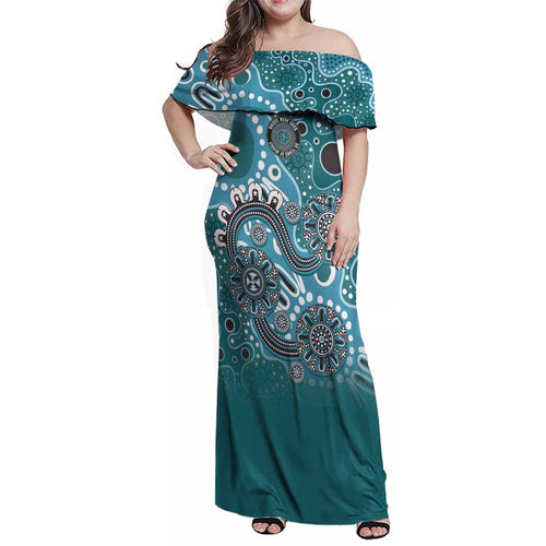 Personalised NAIDOC Week 50 Years Deadly Always Family Matching Off Shoulder Maxi Dress and Hawaiian Shirt Teal Aboriginal Artwork Dot Painting