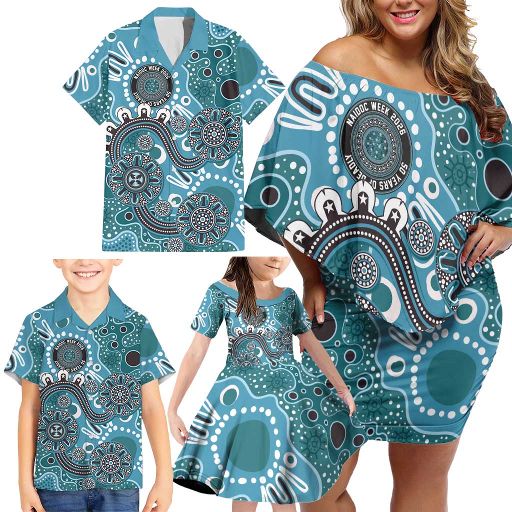 Personalised NAIDOC Week 50 Years Deadly Always Family Matching Off Shoulder Short Dress and Hawaiian Shirt Teal Aboriginal Artwork Dot Painting