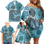 Personalised NAIDOC Week 50 Years Deadly Always Family Matching Off Shoulder Short Dress and Hawaiian Shirt Teal Aboriginal Artwork Dot Painting