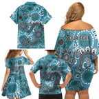 Personalised NAIDOC Week 50 Years Deadly Always Family Matching Off Shoulder Short Dress and Hawaiian Shirt Teal Aboriginal Artwork Dot Painting